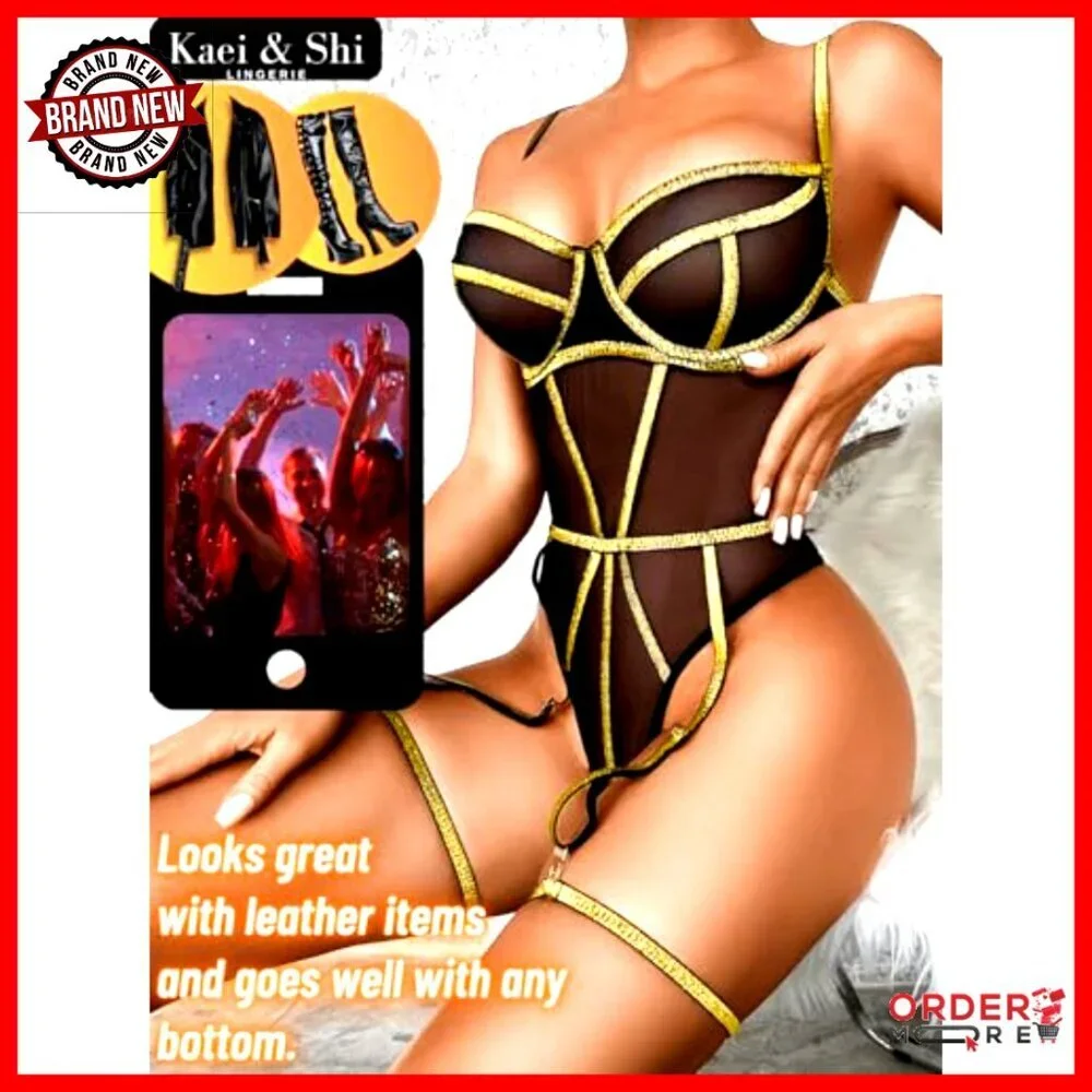 Sparkly Strappy Corset Bodysuit with Underwire, Mesh Lingerie for Rave